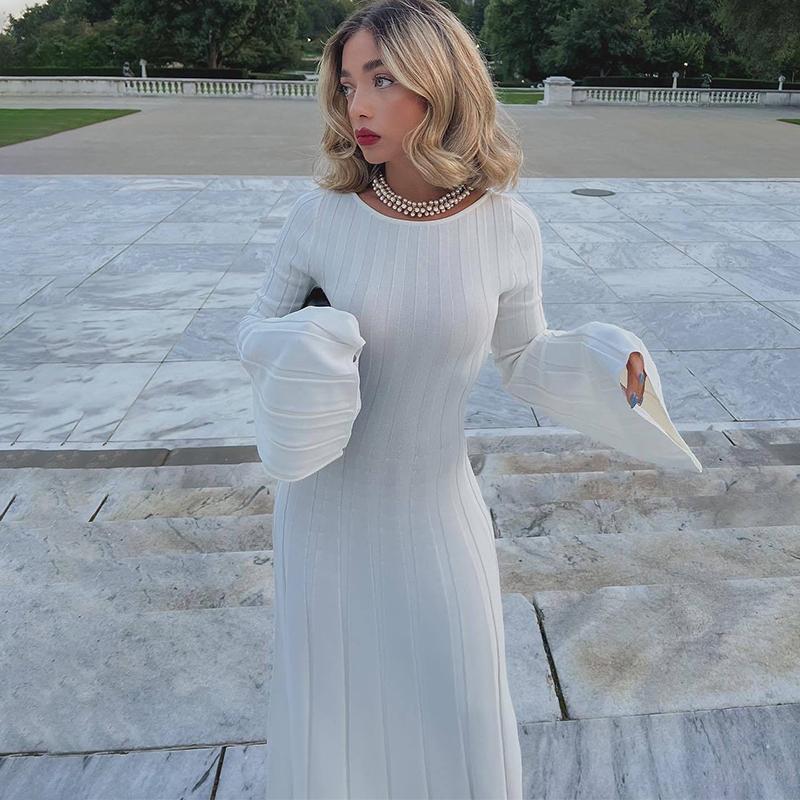 Вязаное платье с длинным рукавом и открытой спиной для женщин, летнее тонкое трикотажное платье с высокой талией, длинные платья, женское вечернее модное элегантное вечернее платье для отдыха