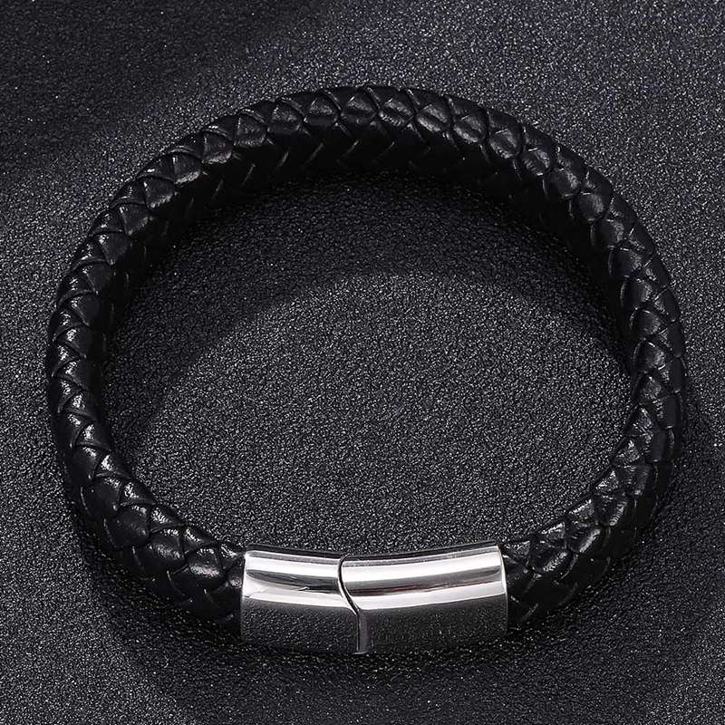 Модный мужской черный плетеный кожаный браслет с застежкой из нержавеющей стали, модные ювелирные браслеты