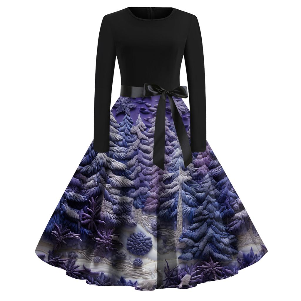 Женское модное повседневное платье приталенного кроя с круглым вырезом, рождественским принтом и длинными рукавами