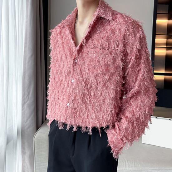 Мужская рубашка с нагрудным карманом и кисточками, отложным воротником, однобортная, с длинными рукавами, однотонная