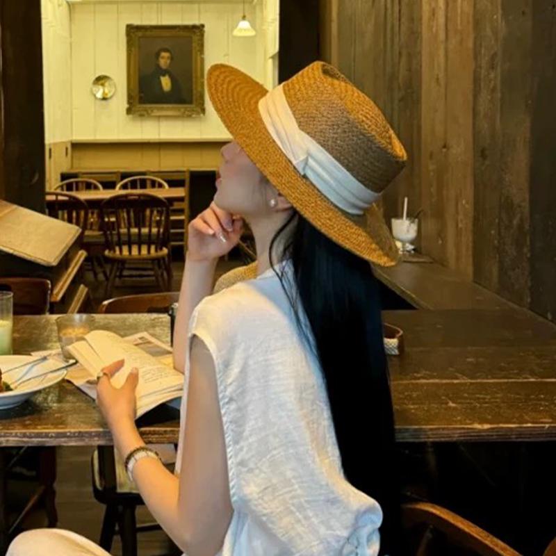 Женская ретро фетровая шляпа федора с плоским верхом из соломенного плетения - Летняя защита от солнца для пляжа у моря