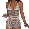 European and American striped neck V-neck tie, sexy gathering long top, boxer shorts two-piece swimsuit women