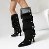 Tall Boots Women's Knee High Slouch Boots Flock Sung Fit Detachable Pleated Multi-way Heels Shoes Sexy Buttons Decor Footwear