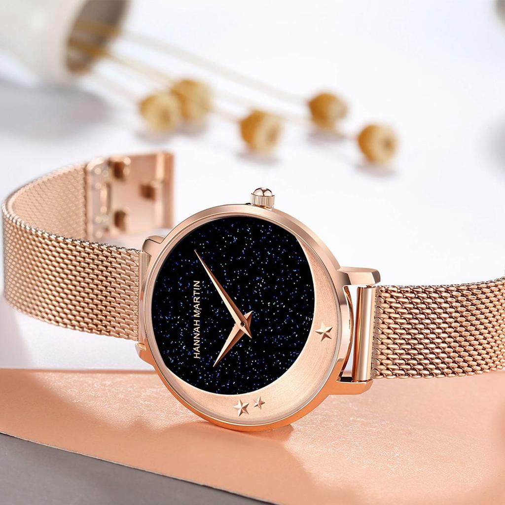 RORIOS Water Made In Starry Sky Sparkling Mesh Quartz Perfect for Commuting To Work or Rose Gold Women's Watch, Resistant, Japan, Dial, Band,