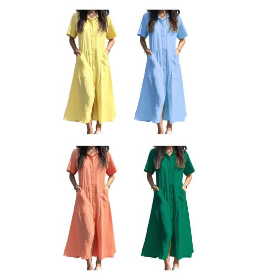 Женское платье с лацканами, короткий рукав, однобортное, повседневное платье с карманами, однотонное