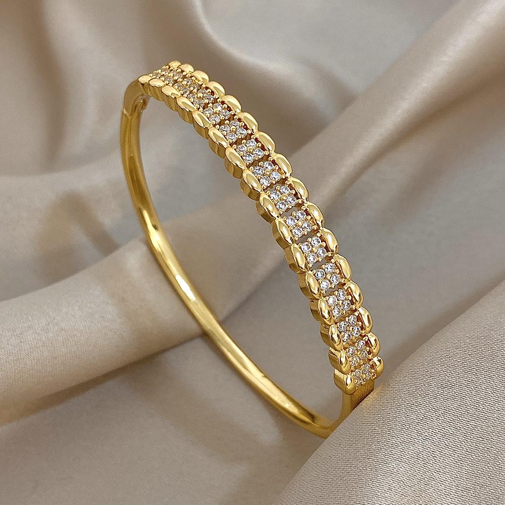 Flashbuy Gold Color Chic Inlaid Zircon Copper Bangle Bracelet For Women Statement New Design Temperament Wrist Fashion Zircon