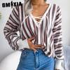 Women's Fashion Casual Summer Loose Long Sleeve V-Neck Lantern Sleeve Pullover Sweater with Contrasting Colors and Stripes