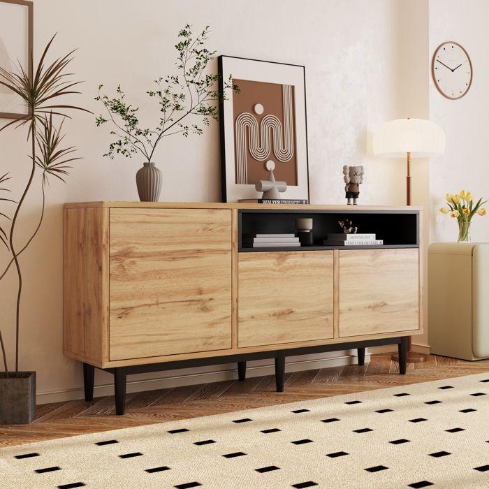 Buffet moderne en bois, meuble de rangement à 3 portes avec étagères ouvertes, 160 x 35 x 76 cm, pieds hauts, couleur bois naturel.