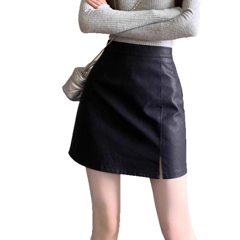 Women's Petite Black PU Leather A-Line Mini Skirt - Autumn/Winter Wrap Hip Style