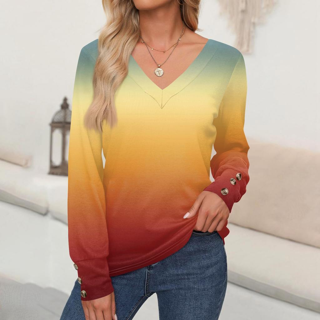 Women's Tops Gradient Printed Long Sleeve Shirt V Neck Casual Loose T-Shirt Autumn Clothing