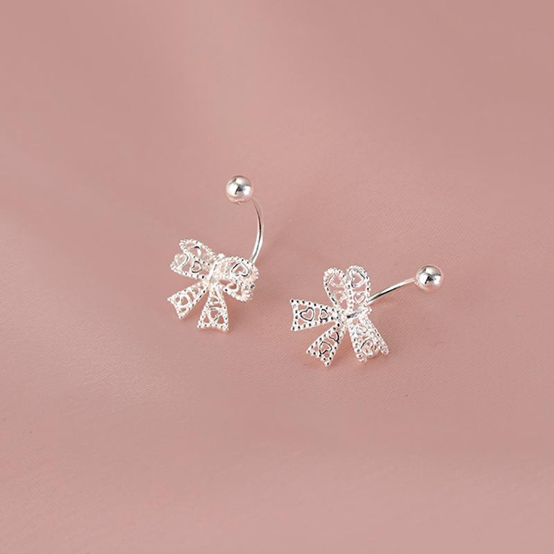 925 Sterling Silver Lace Heart Hollow Bow Screw Buckle Puncture Stud Earrings for Women Fine Jewelry Minimalist Accessories