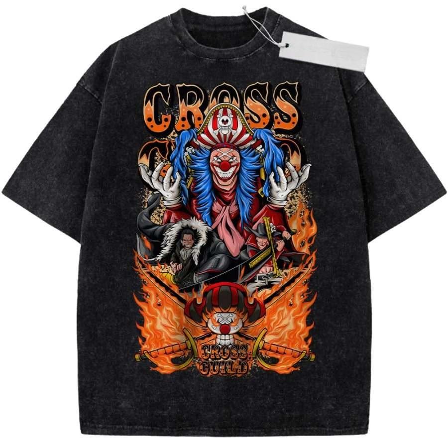 Unisex Black Washed Vintage T Shirt One Piece Cross Guild Buggy Members Flame Style High Quality Fabric for Casual