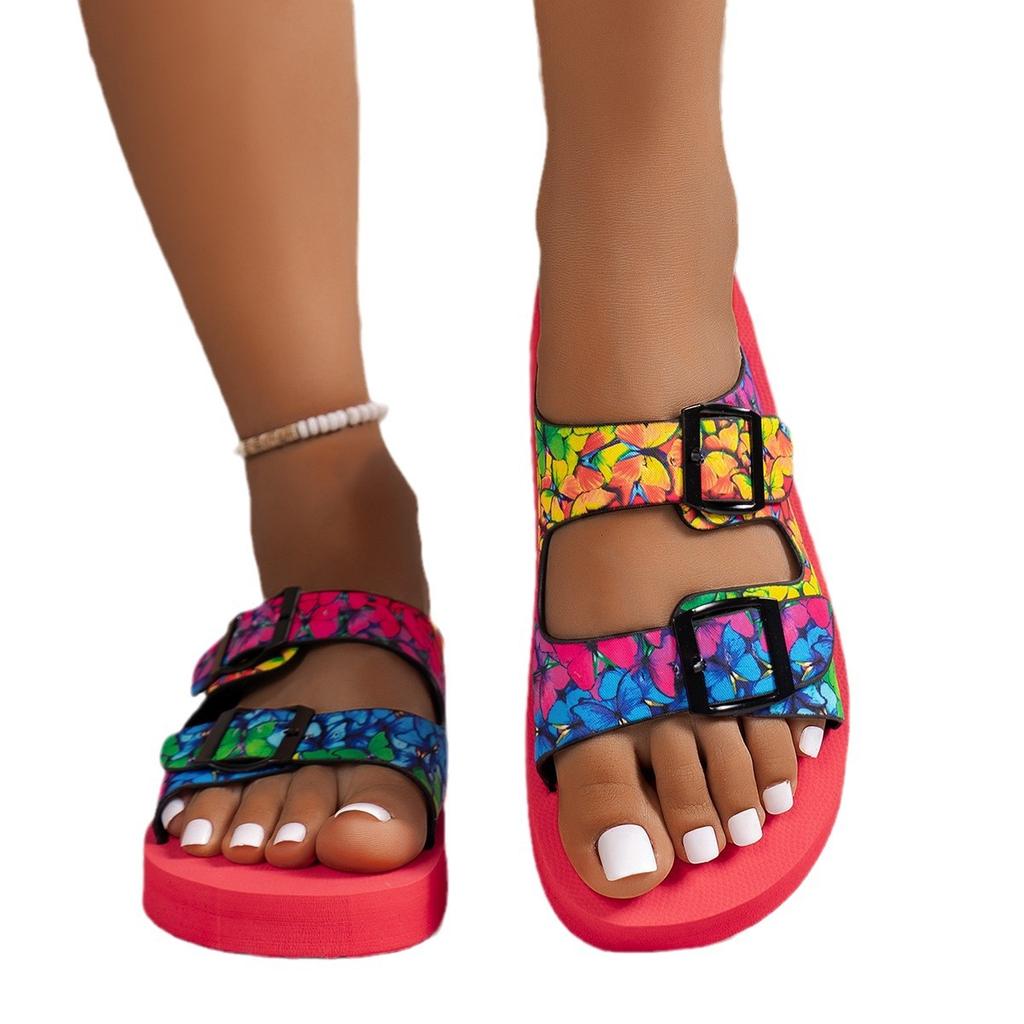 Buckle Belt Flat Slippers 2024 Summer New Multicolour Round Toe Open Toe Slipper Fashion Romen Flat Sandals Shoe for Women