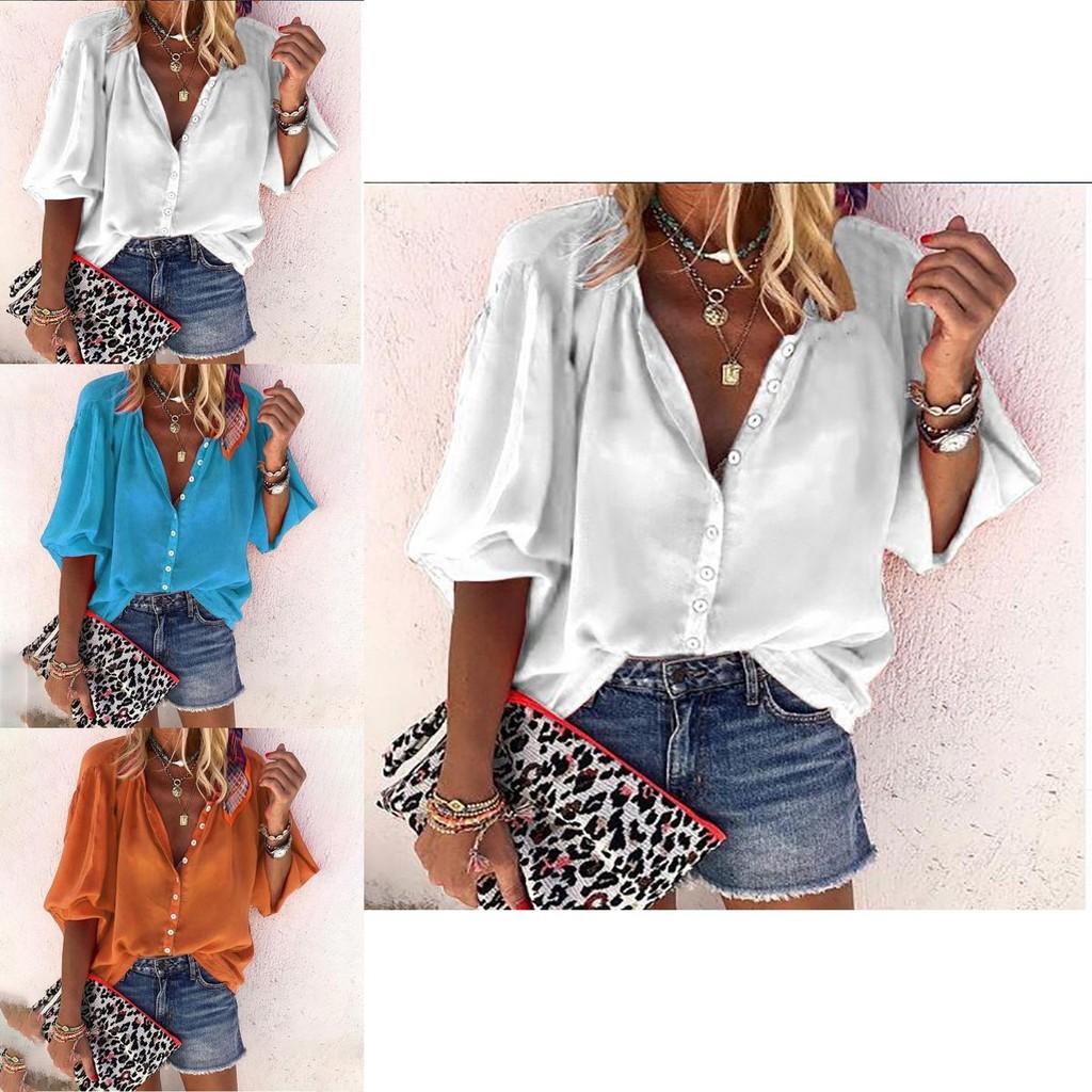 Stylish Women's 3/4 Sleeve Shirt Top Comfortable Loose Fit Button Down Blouse T-shirt