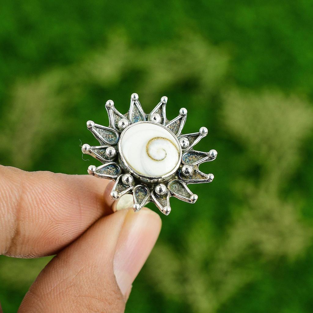 Подарок для нее Кольцо из серебра 925 пробы с натуральным ракушечником «Глаз Шивы», штабелируемое, цветок, регулируемое