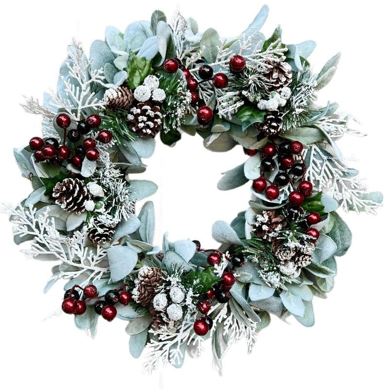 Christmas Flocked Sheep Ear Leaf Wreath With Artificial Red Berries Pinecones Snow Spray 40cm Front Door Decor