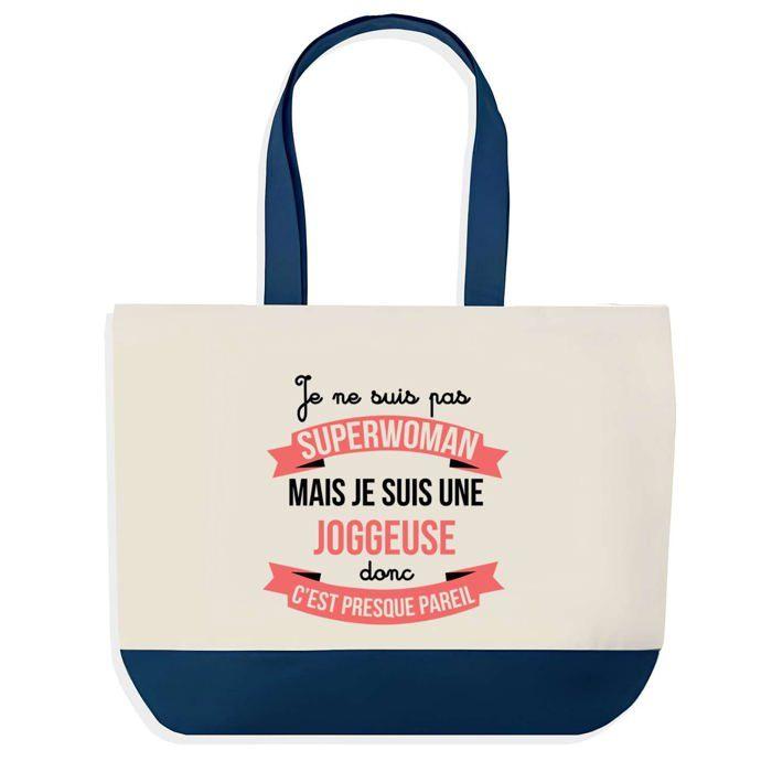 Sac shopping - PLANETEE - Joggeuse Superwoman - Fond bleu - Coton 40x45 cm - Grand format
