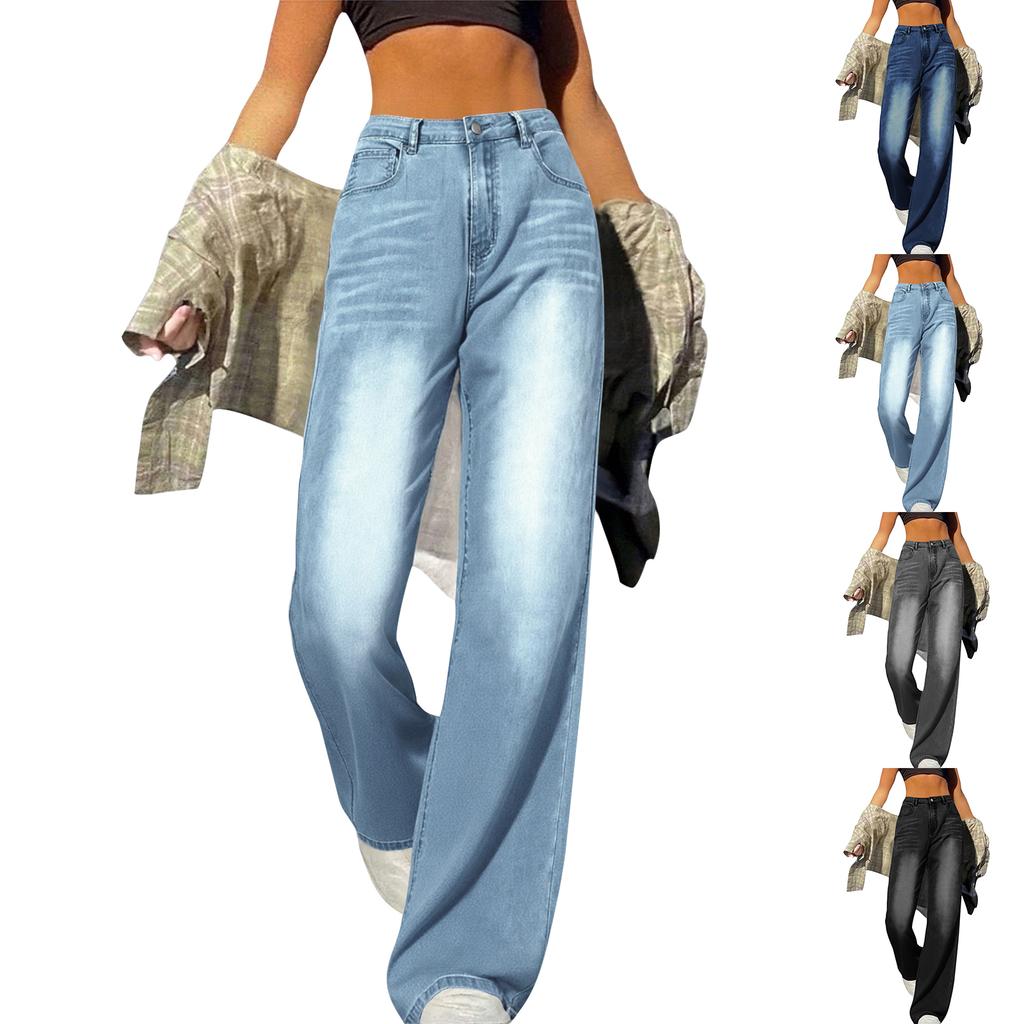 Women's Wide Leg Jeans High Waist Straight Stretch Jeans With Pockets