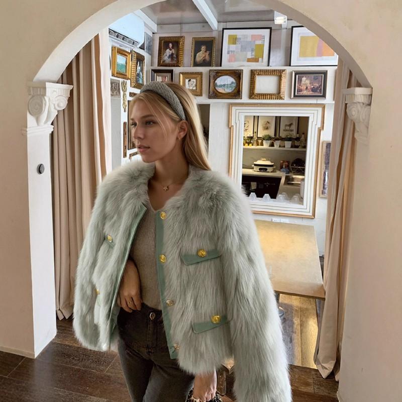 Womens Faux Fur Short Coat In Chic Tweed Style Round Neck Long Sleeve Winter Outerwear