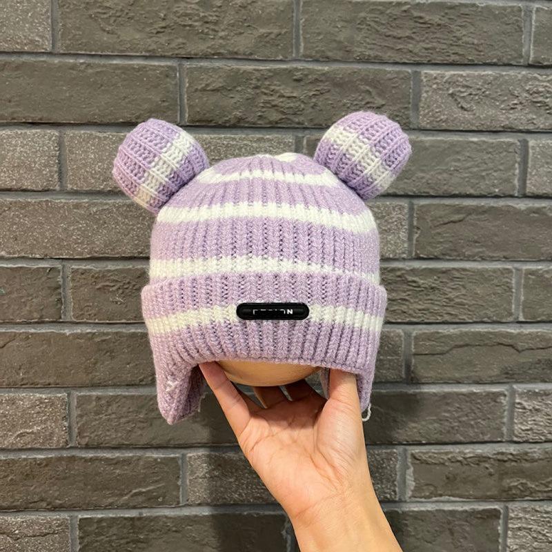 Детская шапка осень-зима полосатая шапка с ушками мультяшная детская теплая флисовая детская шапка-пуловер вязаная шерстяная шапка