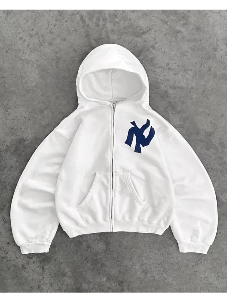 ZYLLO Харадзюку Ретро Новая Печать Цветок Раскрывающийся Свитер С Капюшоном Y2K Уличный Хип-Хоп Повседневный Свободный Свитшот Парный Топ