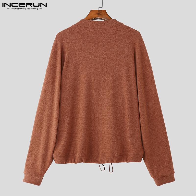 INCERUN Oversized Men V Neck Long Sleeve Buttons Up Drawstring Knit Cardigan Tops