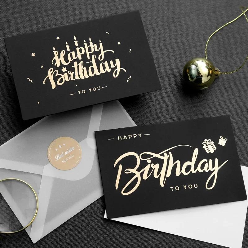 1pcs Black Birthday Greeting Card Bronzing Invitations Postcard Wishes Blessing Message Cards Small Card Blank with Envelope