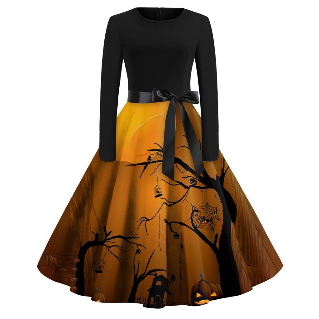 Halloween Print Flare Dress For Women Long Sleeve Dress Hollow Party Casual Dresses