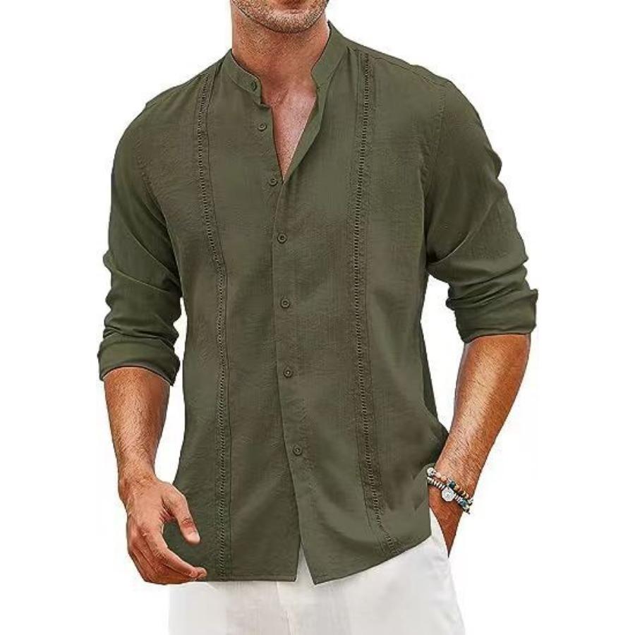 Men's Cuban Style Casual Button Summer Beach Vacation Cotton Linen Shirt Stand Collar Clothing Men