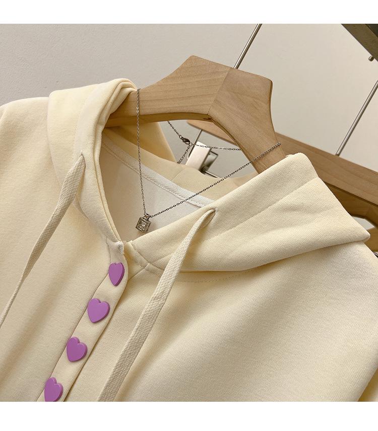 Heart Button Hoodie: College Style Loose Fit for Spring & Autumn 2025