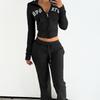 Womens Short Hooded Sweatshirt Set Letter Embroidery Slim Fit Streetwear Casual Sportswear