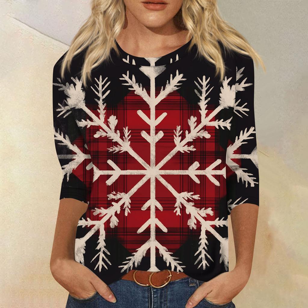 Women's Fashion Casual Seven Sleeve Christmas Printed Round Neck Top