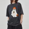 Halloween Pumpkin Ghost Print Women's Washed Oversized T-Shirt Black Stretchy Breathable Short Sleeve Unisex Cute Funny Top