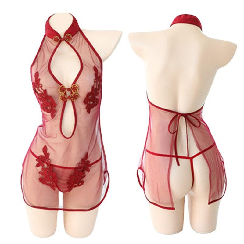 Sex lingerie sexy cheongsam women's transparent lace nightdress blood drops tease passion seduction suit