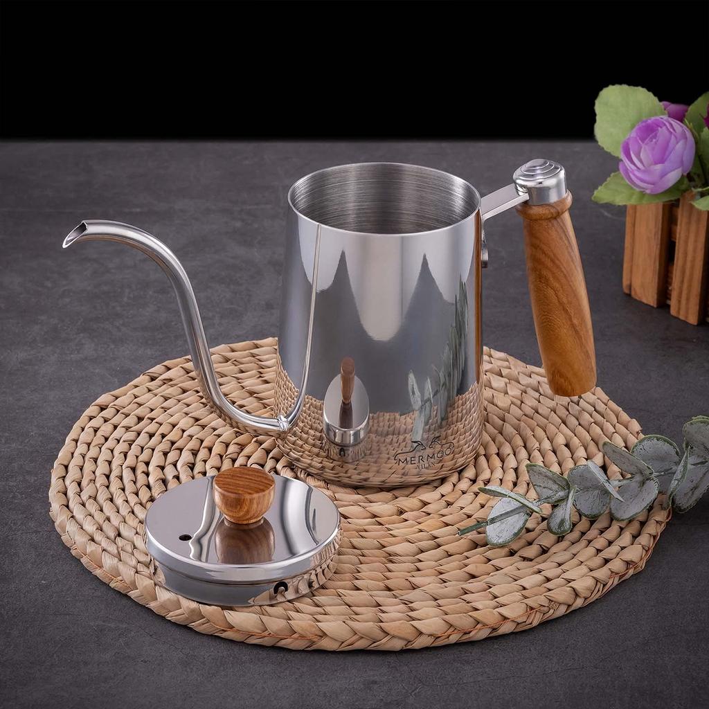 MERMOO YILAN Coffee Pot Drip Pot Kettle Narrow Mouth 600ML Wooden Pattern Camping Coffee Drip Utensil Coffee Pot Coffee Maker Pot Coffee Tool (Black)