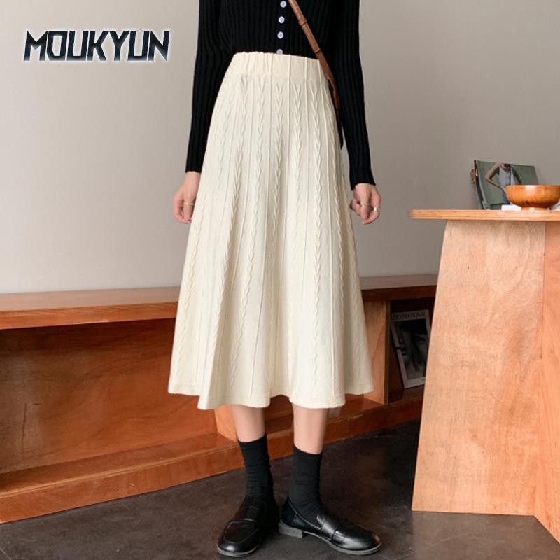 Юбки из толстого трикотажа в рубчик, женские, большие, свободные, повседневные, миди, осенние, элегантные, А-силуэта, плиссированные, абрикосового цвета, длинная трикотажная юбка