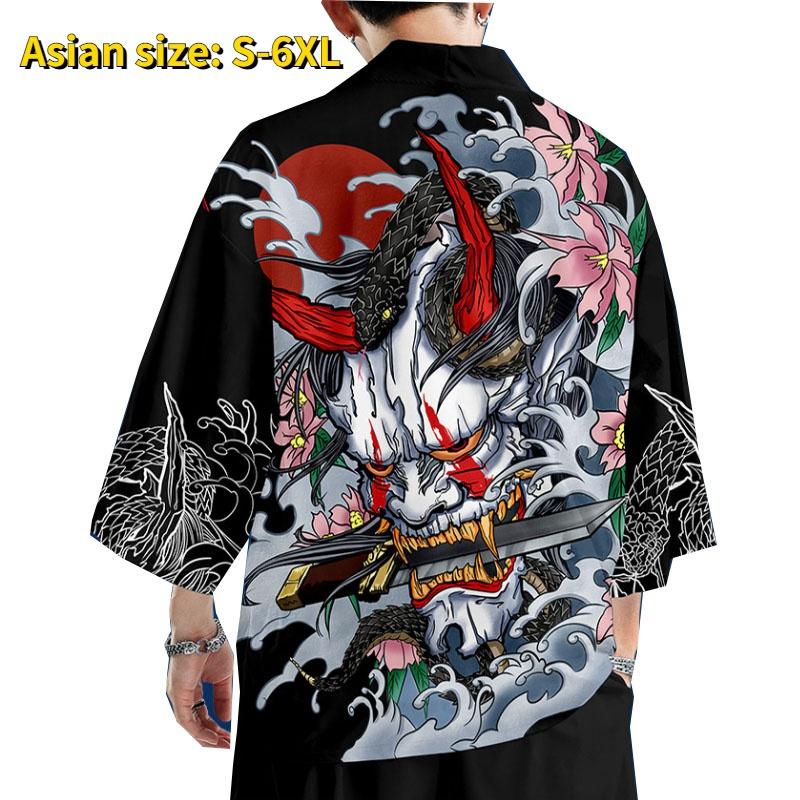 Men Japanese Open Front Kimono Yukata Cardigan Print Shirt Jacket 3/4 Sleeve Blouse Casual Top Loose Outwear