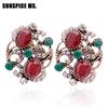 Turkish Vintage Resin Stud Earrings For Women Bridal Jewelry Antique Gold Color Round Crystal