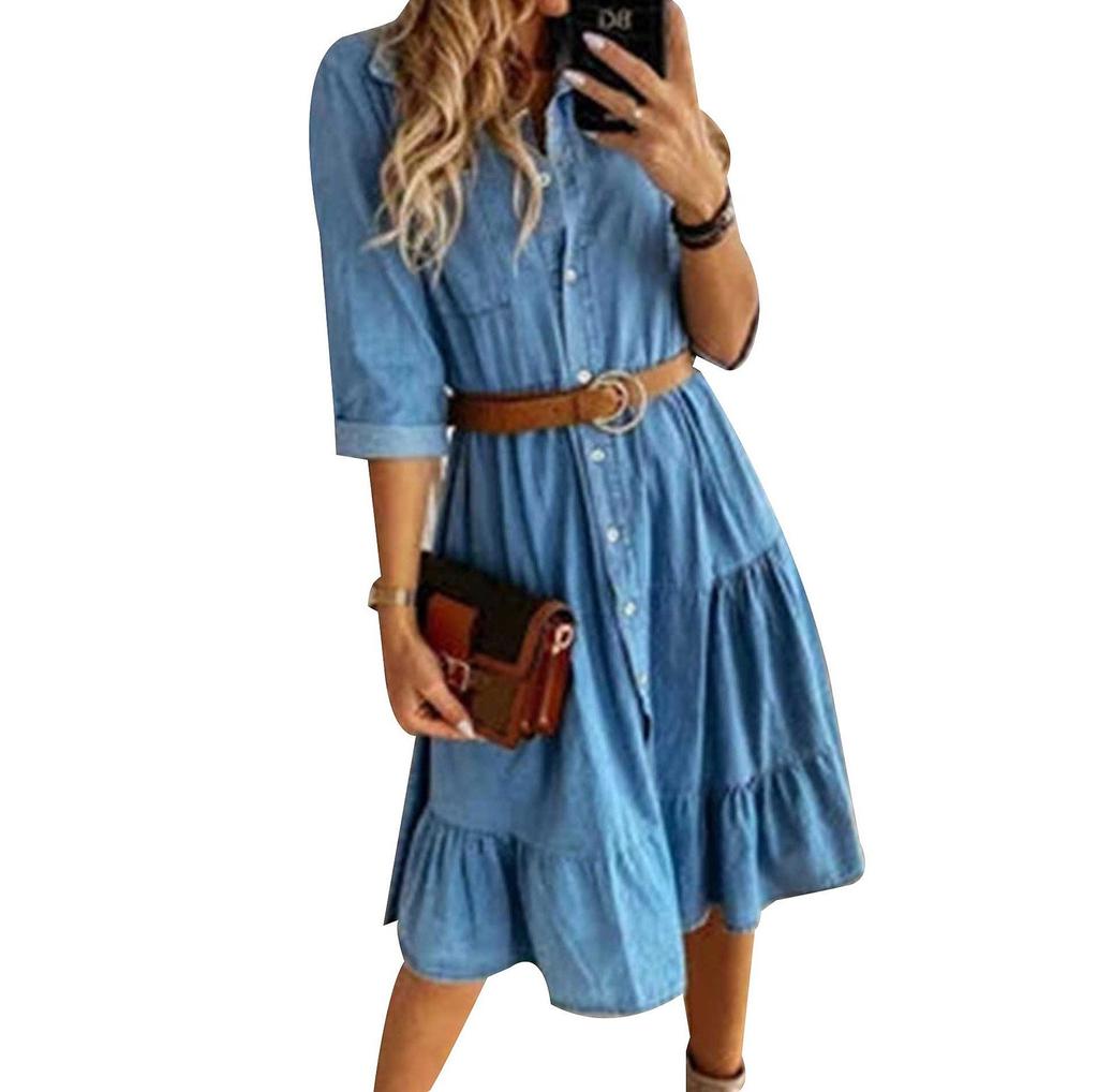 Womens Fashion Collared Swing Sundress Buttons Denim Shirt Dress