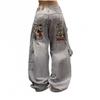 Mens Y2K Gothic Denim Pants Loose Straight Cut High Street Style Cotton Jeans Youth