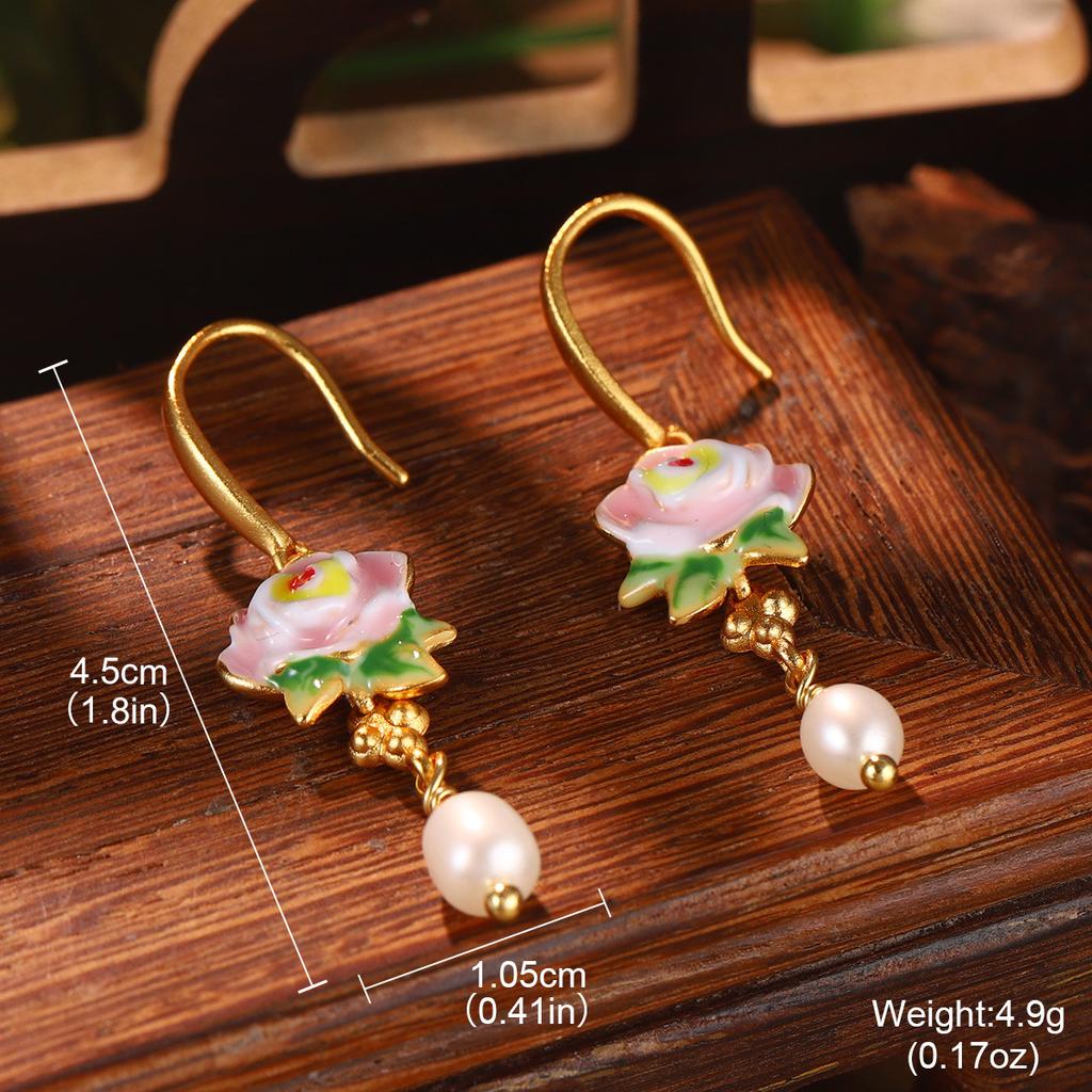 Antique new Chinese style flower fringed pearl earrings Hanfu accessories earrings imitation Hetian jade green agate temperament ear hook