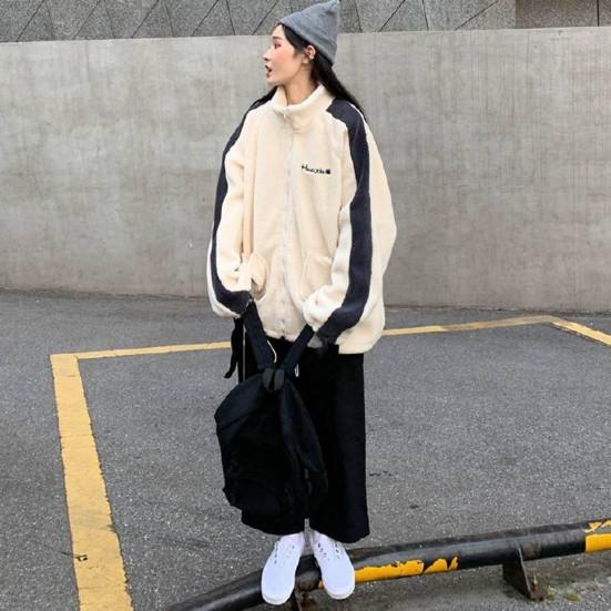 Зимнее женское пальто с воротником-стойкой, длинными рукавами, карманами, вышивкой, застежкой-молнией, цветные блоки, плотный флис, свободная спортивная повседневная куртка для повседневной носки