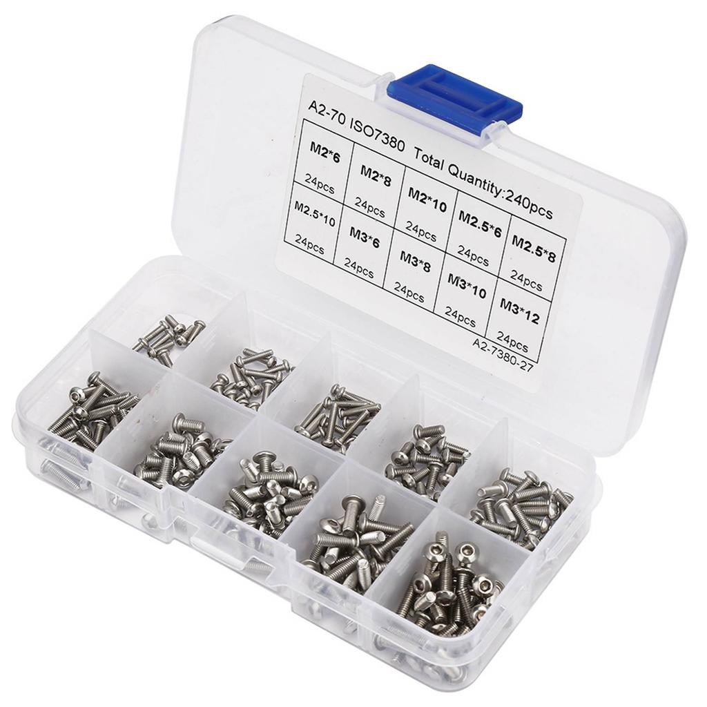 240pcs M2*6\M2*8\M2*10\M3*6\M3*8\M3*10\M3*12\M2.5*6\M2.5*8\M2.5*10 Hex Socket Screw Set