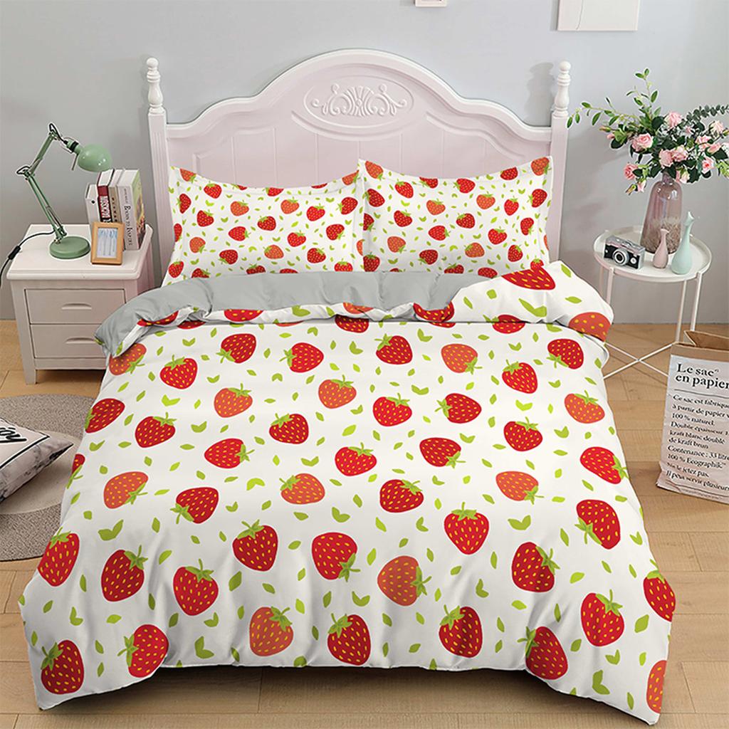 Red Strawberry Pink Lovely Summer Fruit Tree Leaf Duvet Cover for Children Girls Gifts Room Decorations Polyester Duvet Cover
