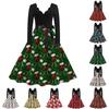 Ladies Casual Fashion V-Neck Long Sleeve Christmas Print Vintage Dress