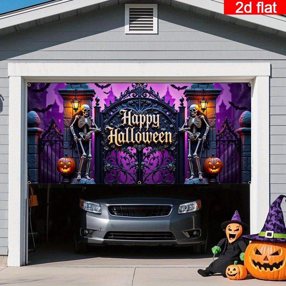 2D door banner, Halloween garage cover, with black iron frame and gold decoration