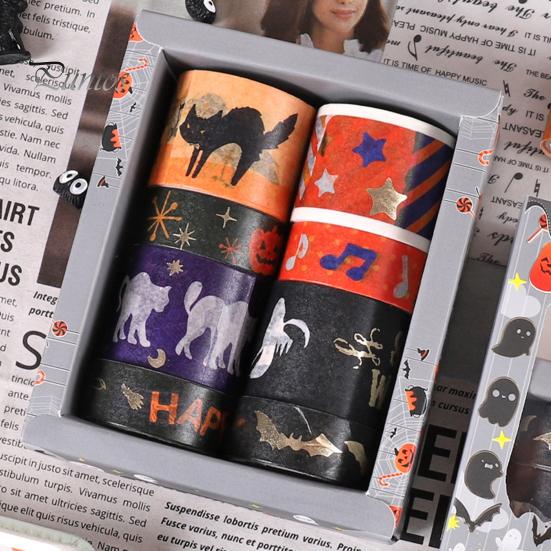 Тонкая слойная васи-лента, 8 рулонов, Хэллоуинская лента, Жуткие узоры летучей мыши, ведьмы, кошки. Декоративная для джанк-журналинга, скрапбукинга, DIY-поделок, подарка