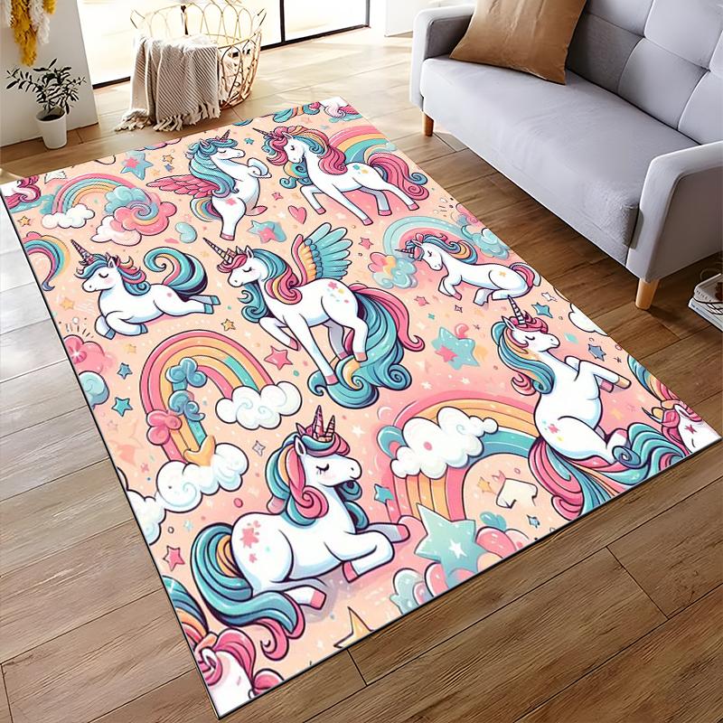 Colorful Unicorns, Rainbows, and Stars Non-slip rug suitable for living room and bedroom sofas