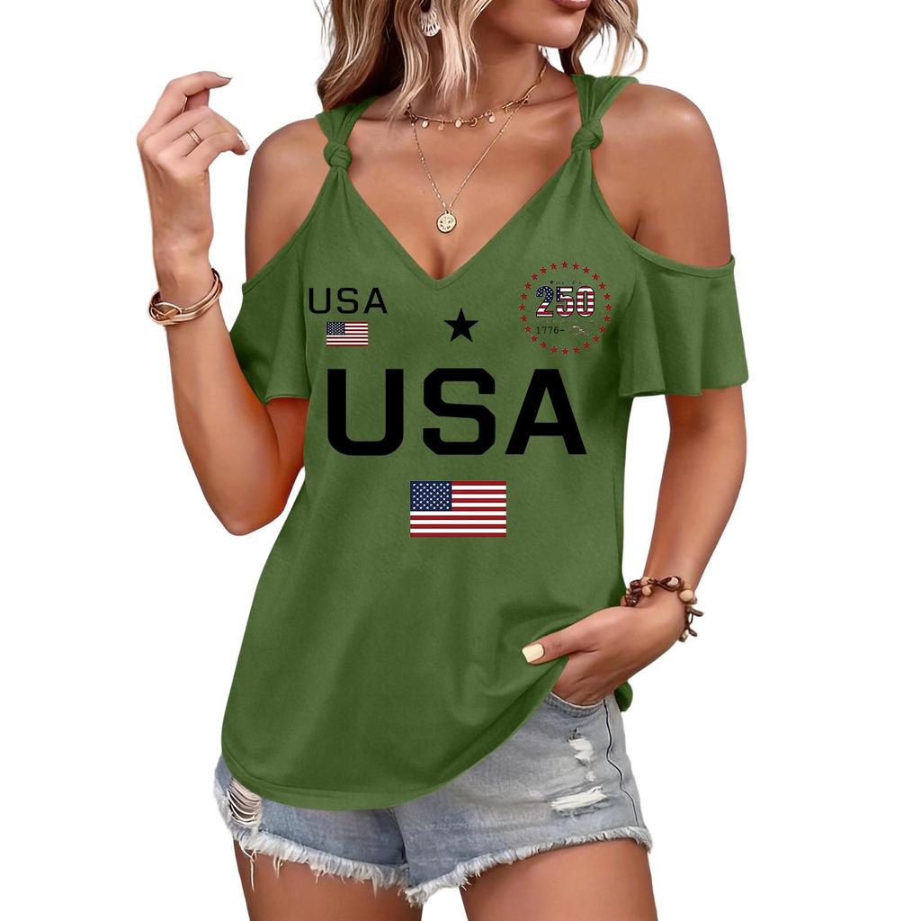 Женская повседневная футболка с открытыми плечами, коротким рукавом, принтом USA, графическая футболка к 250-летию с завязкой, топ с круглым вырезом для лета