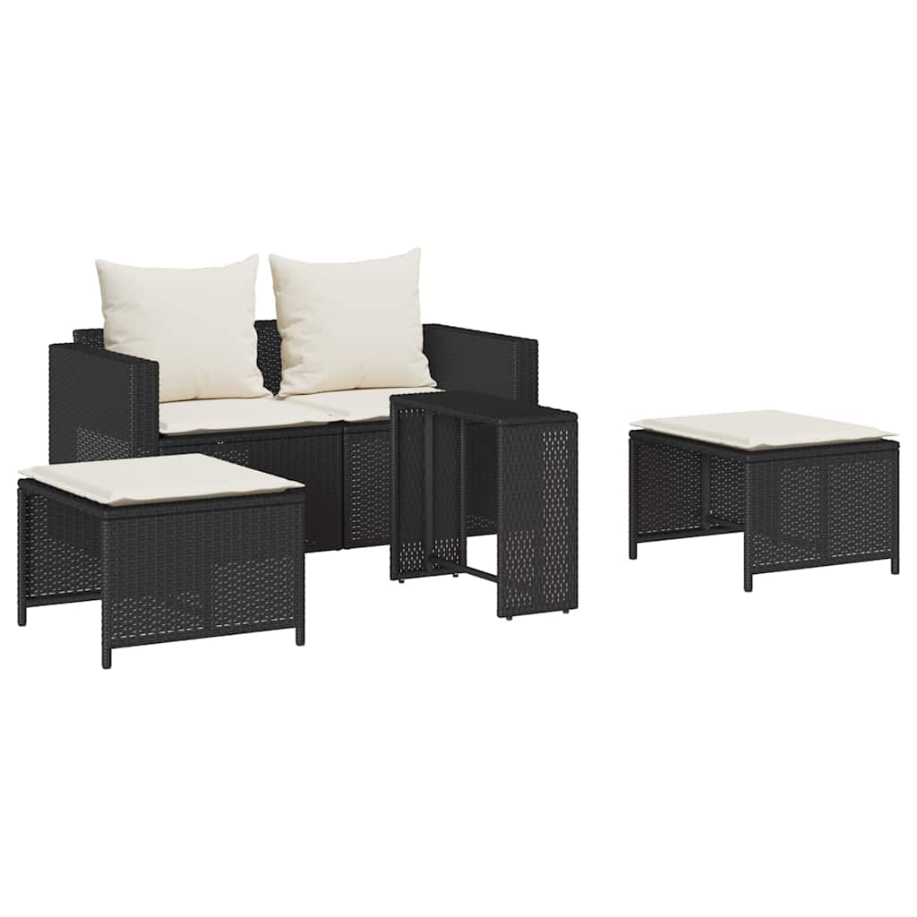 5 Piece Garden Sofa Set with Cushions Stackable Black Poly Rattan